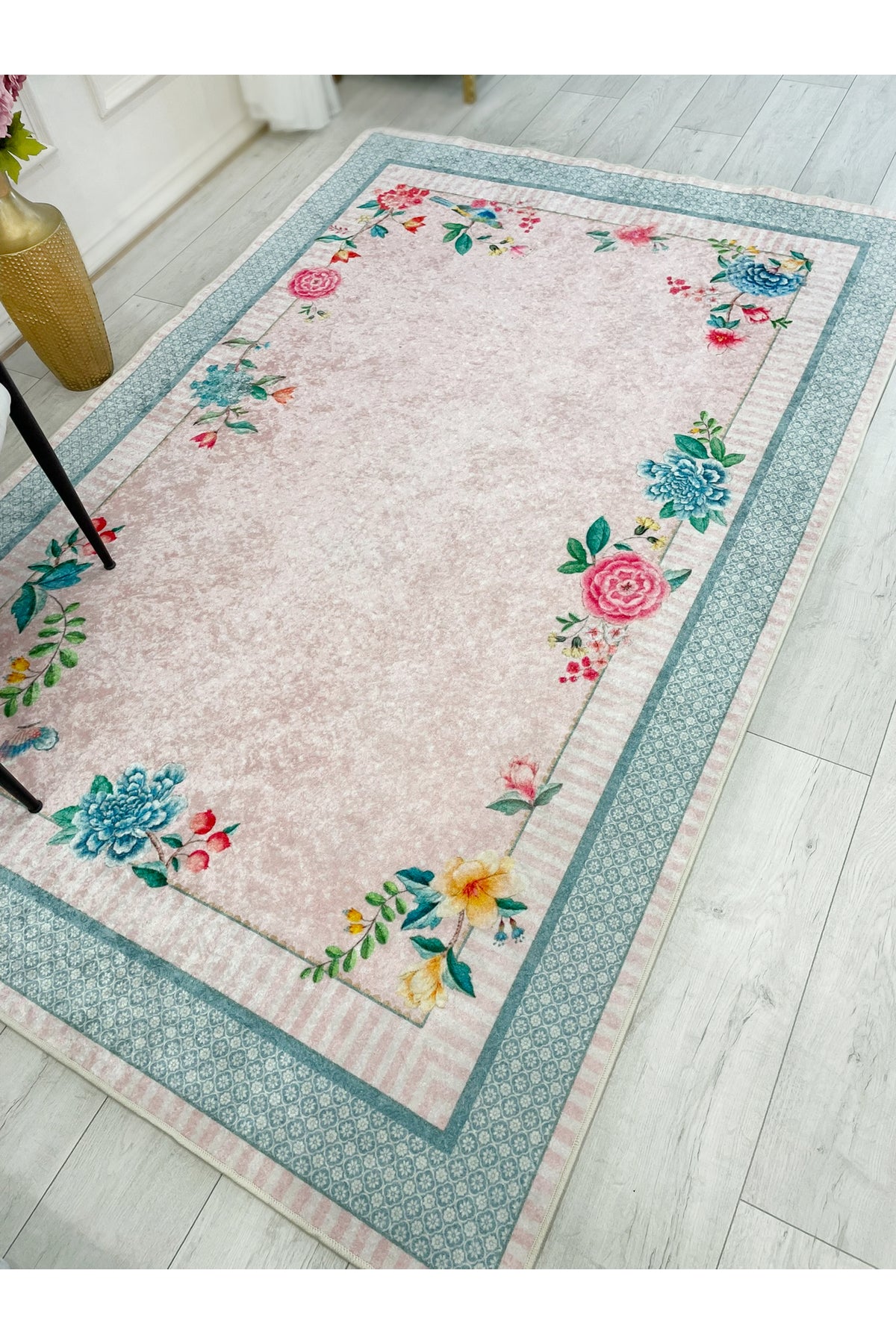 Blue Ground Rose Pattern Non-Slip Rug