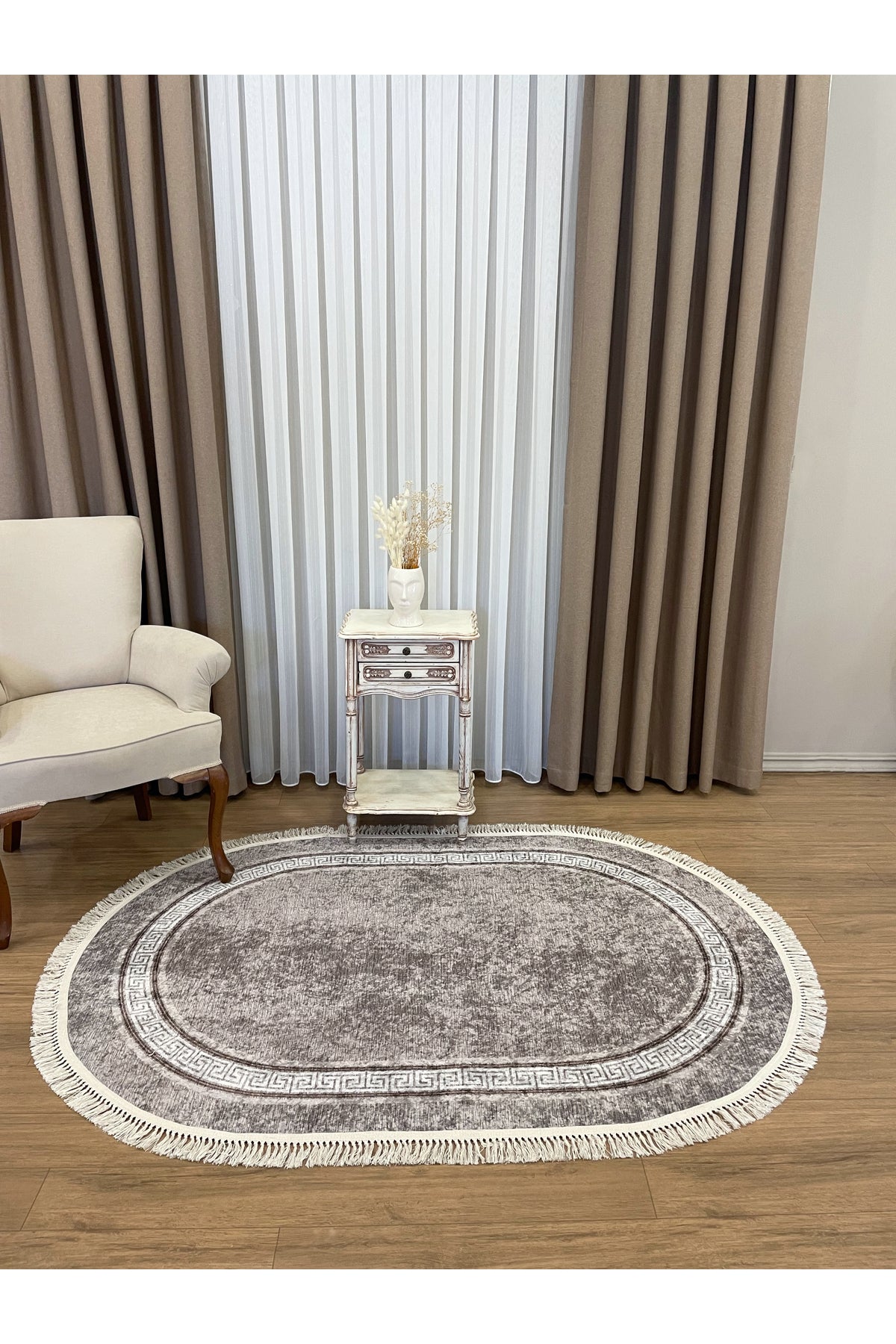 Brown Mink Bordered Latex Base Fringed Rug