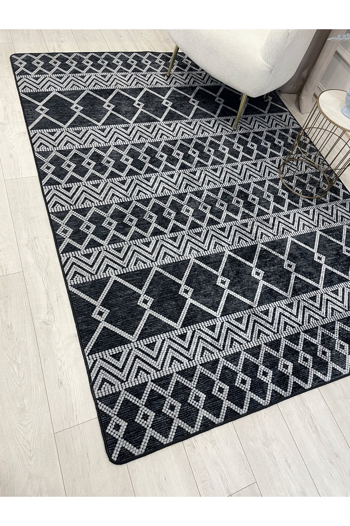 Gray Black Scandinavian Style Kilim Pattern Runner Latex Rug