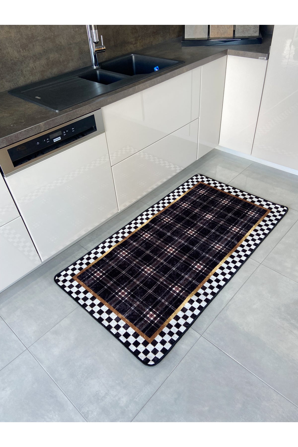 Checkered Plaid Patterned Latex Base Kitchen Rug