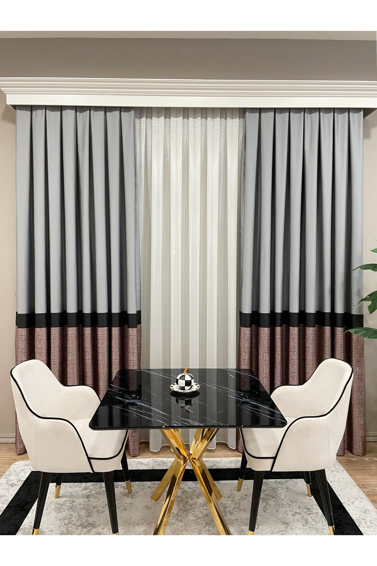 Panel Pattern Jacquard 1/3 Dense Pleat Blackout Curtain - Bottom: Mustard-Navy / Top: Gray