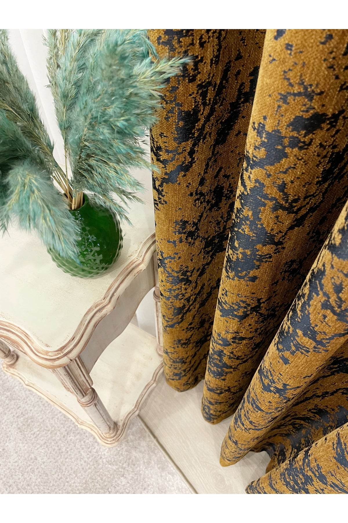 Brown-Navy Blue Chenille Pattern Jacquard 1/3 Dense Pleated Jacquard Blackout Curtain