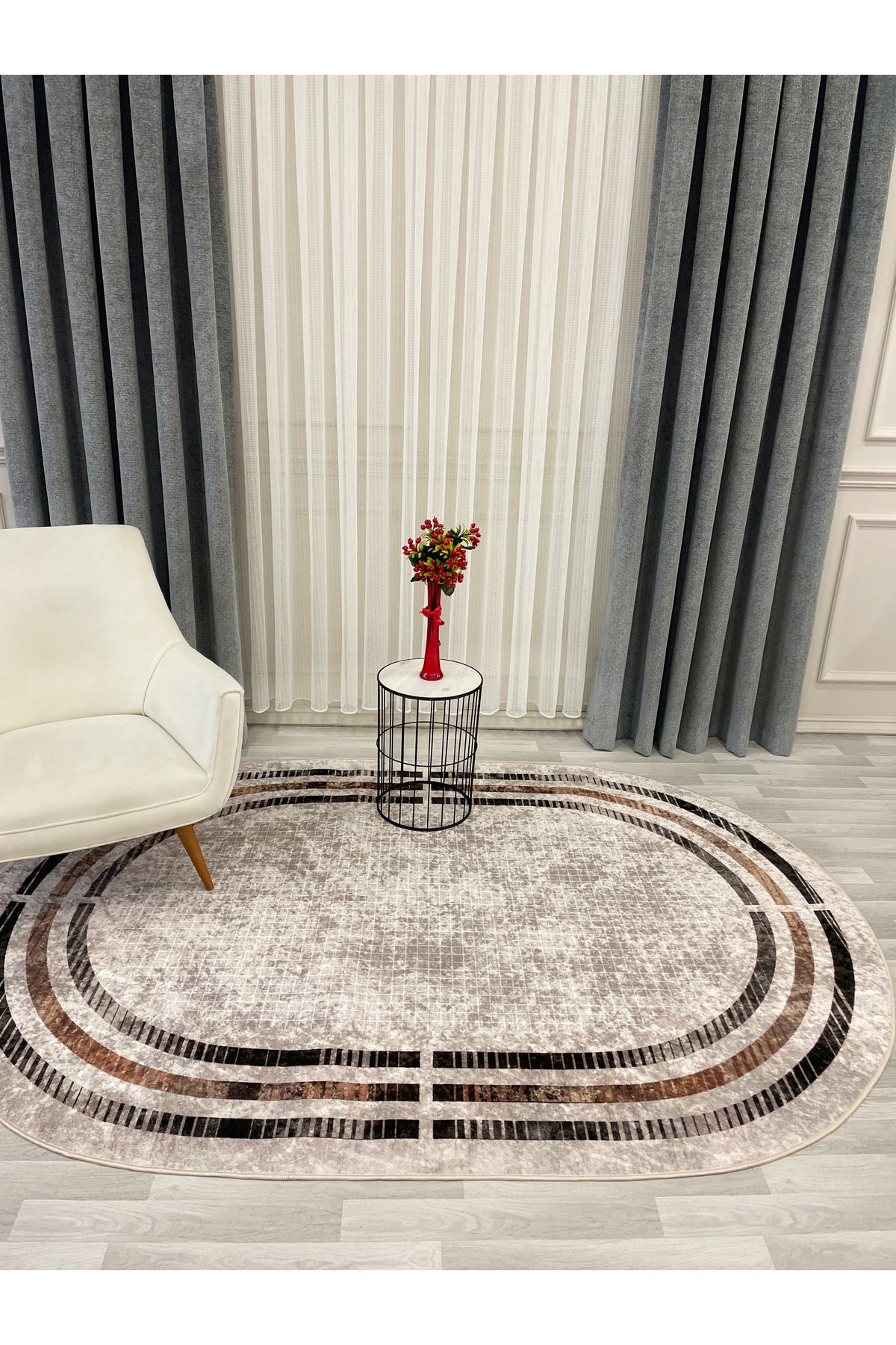 BEIGE Striped Bordered Non-Slip Base Framed Rug