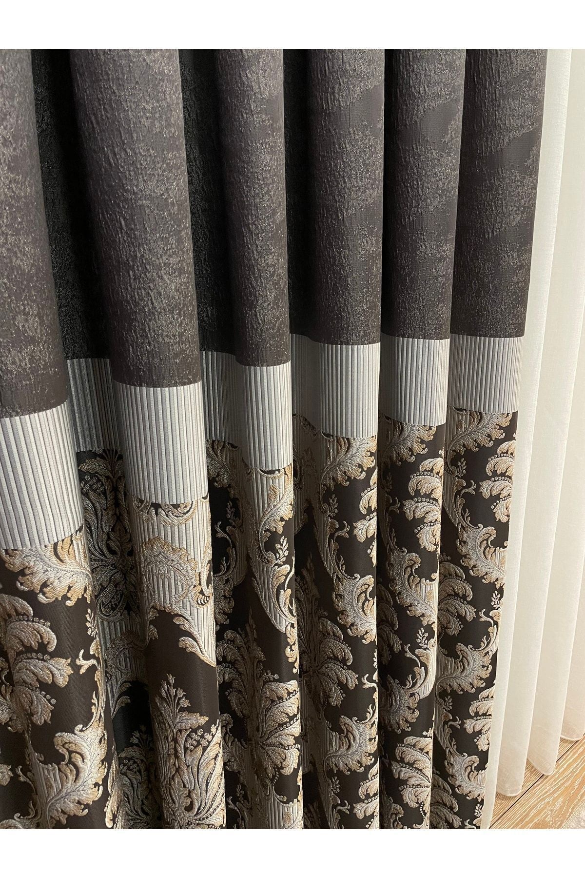 Gray Brown Damask Pattern Jacquard 1/3 Tight Pleat Jacquard Blackout Curtain