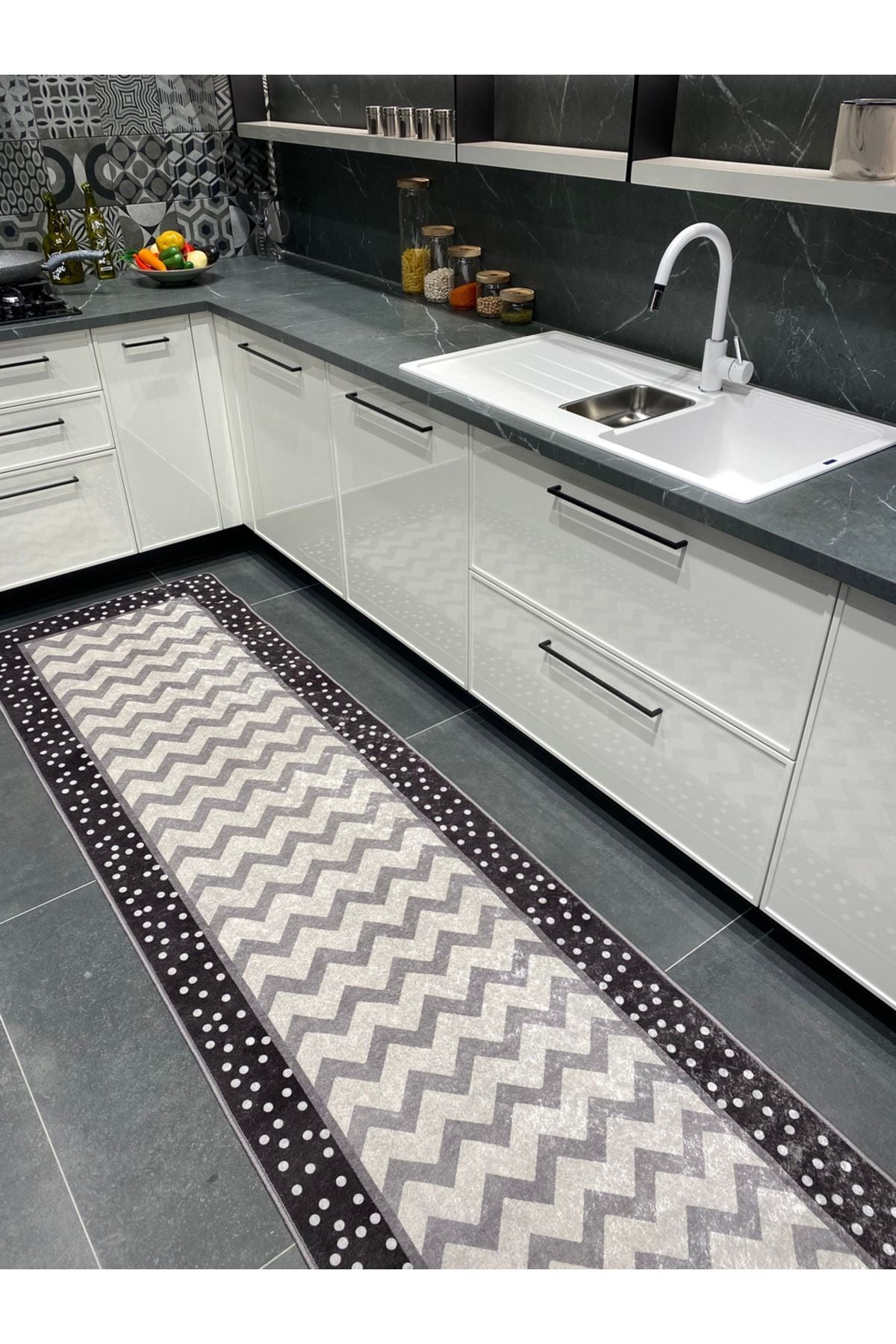Zigzag Puantiye Lateks Taban Mutfak Halısı