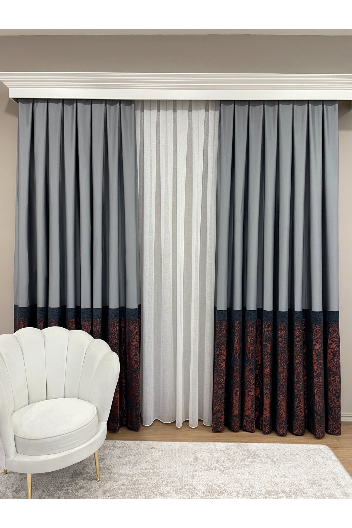 Gray Shawl Pattern 1/3 TIGHT PLEAT Jacquard Woven Blackout Curtain