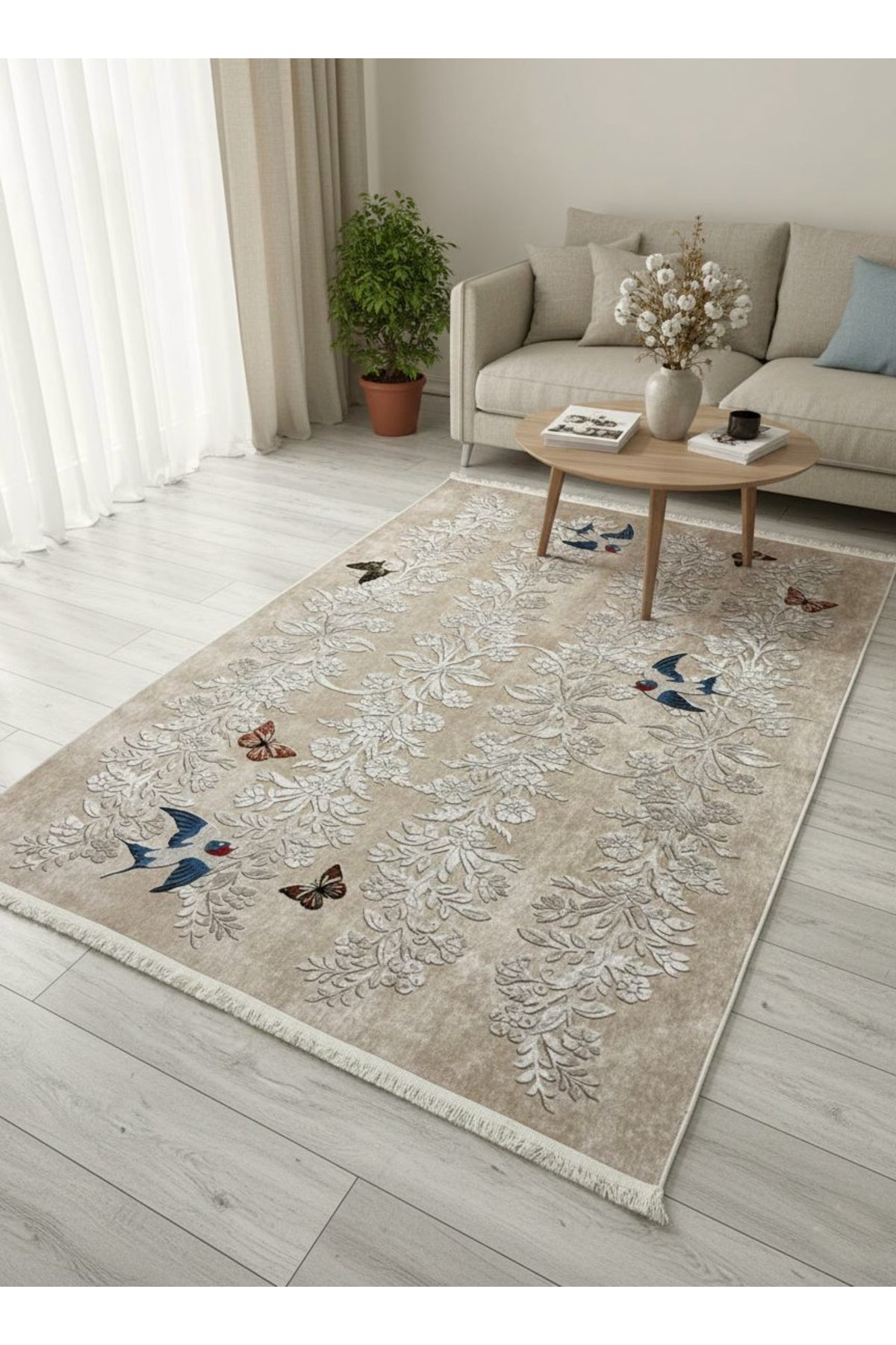 BEIGE - Embroidery-Look Bird Motif Latex Base Runner Rug