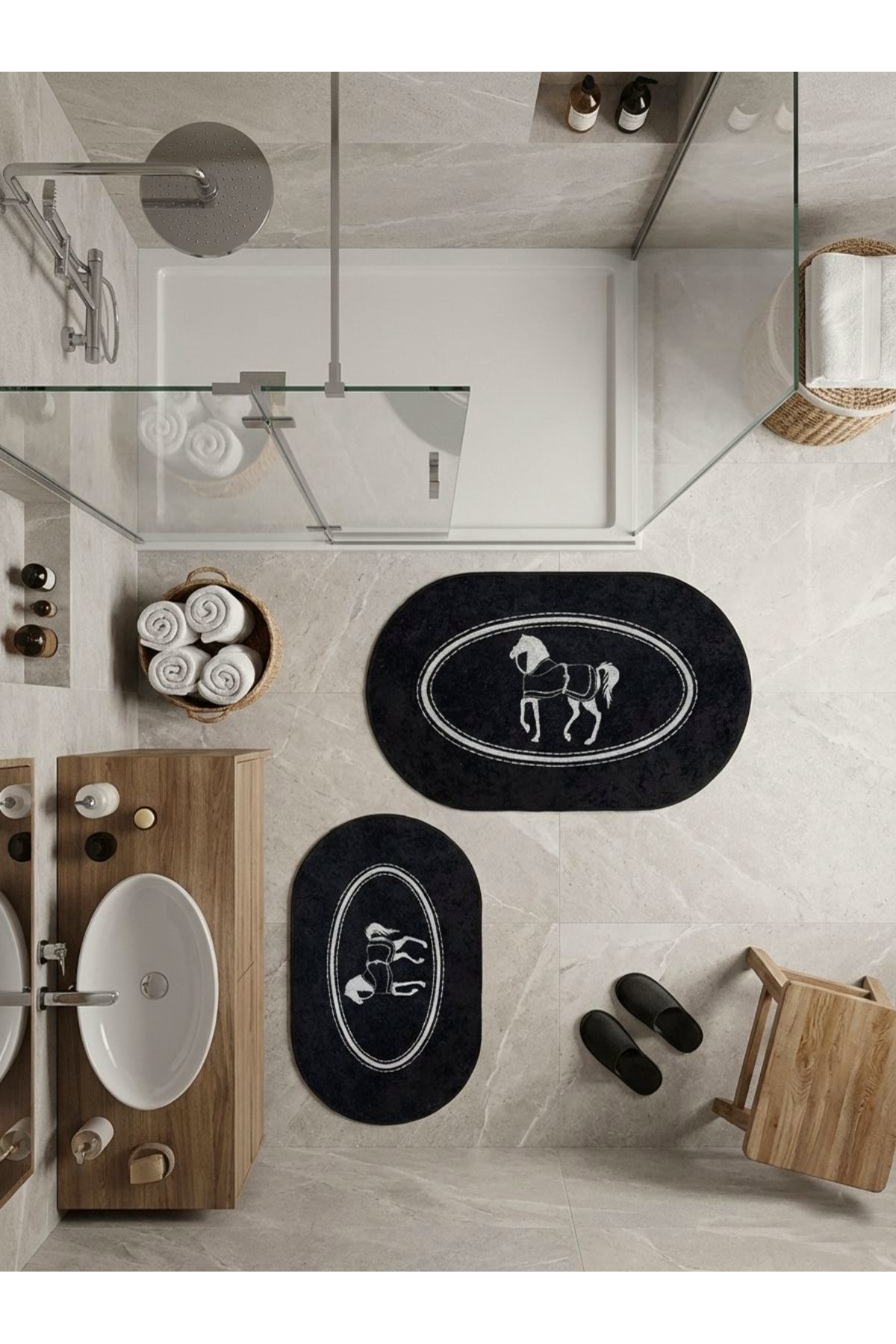 Black Horse Pattern 2-Piece Leather Base Bathroom Mat Set (60x100 - 60x50)