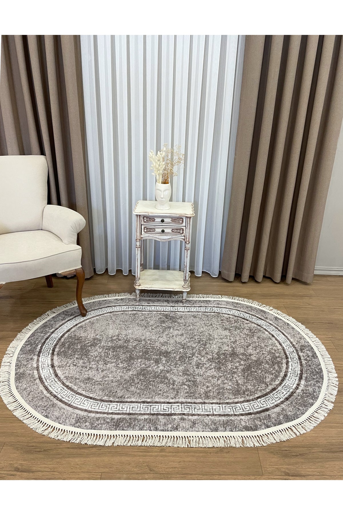 Brown Mink Bordered Latex Base Fringed Rug