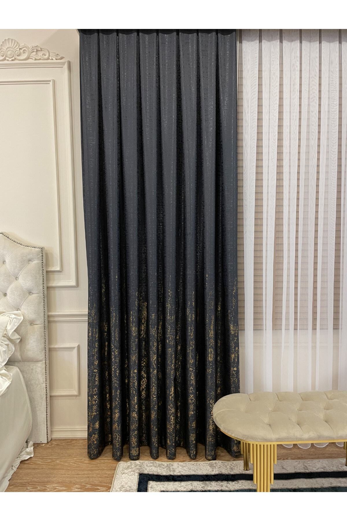 Jacquard Ground Foil Print 1/3 Dense Pleat Blackout Curtain - Beige - Gold Foil