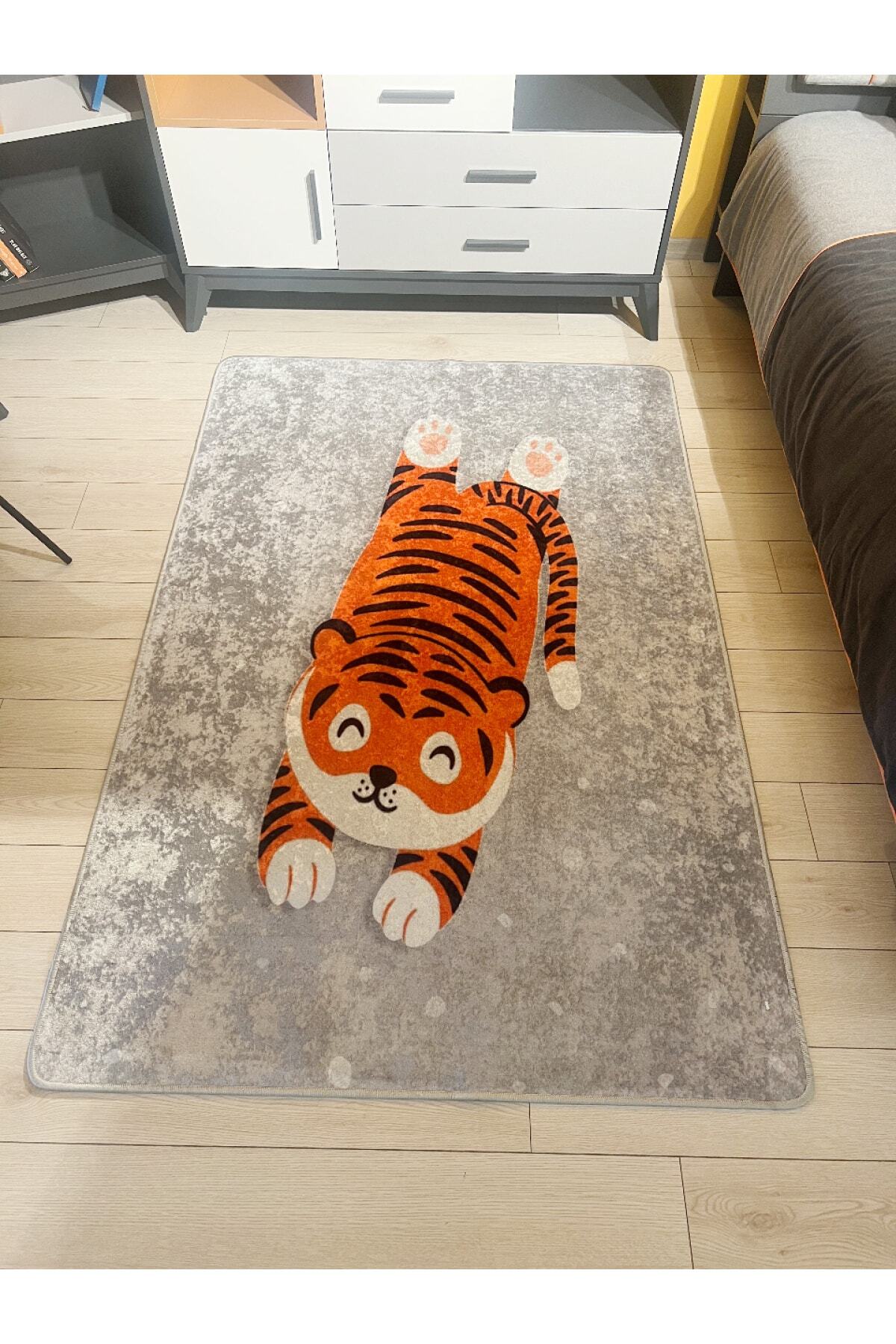 Tiger Patterned Round Washable Children's Baby Rug - Grey