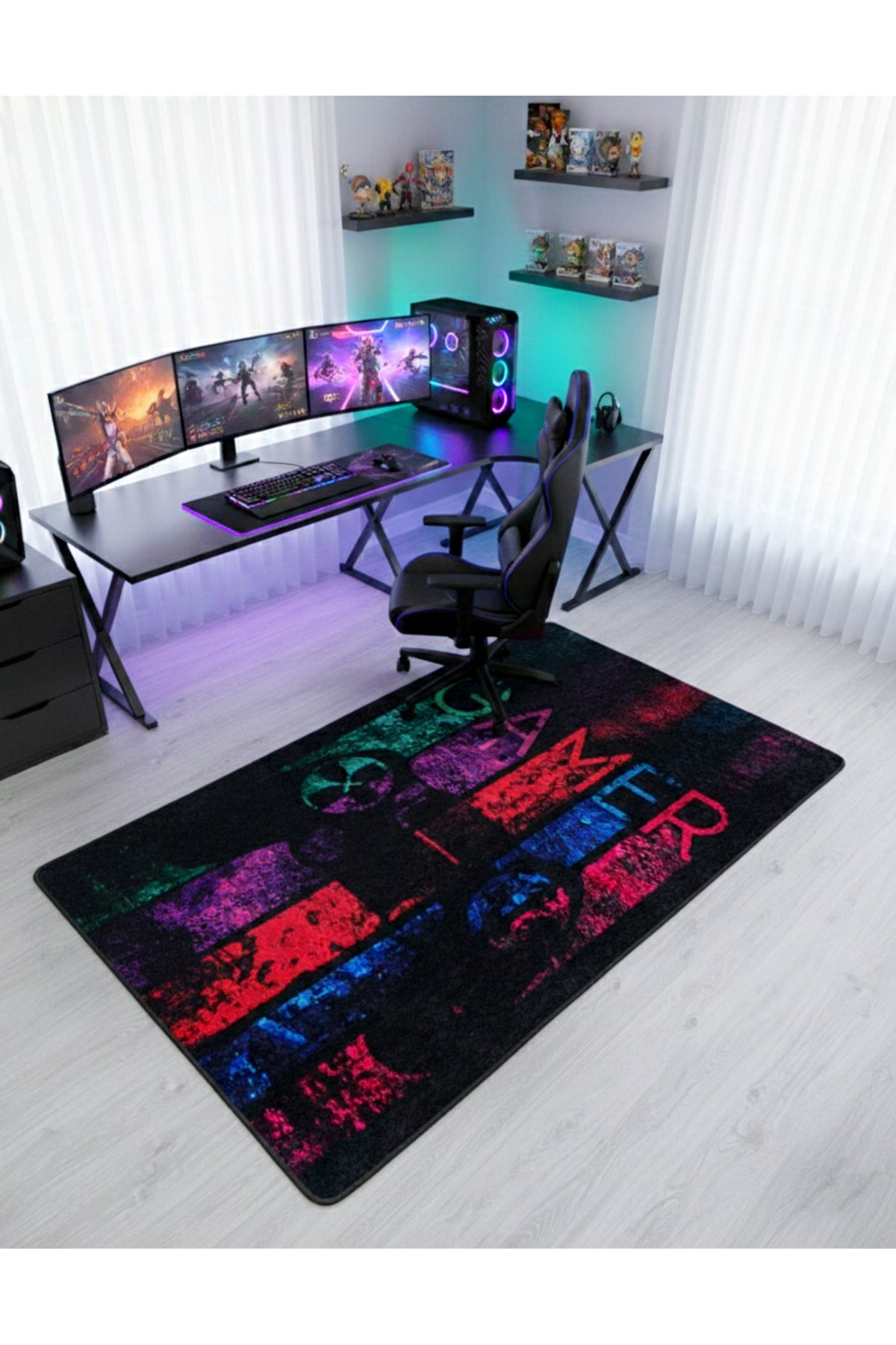 Gamer Gaming Black Youth Room Latex Leather Backing Rug