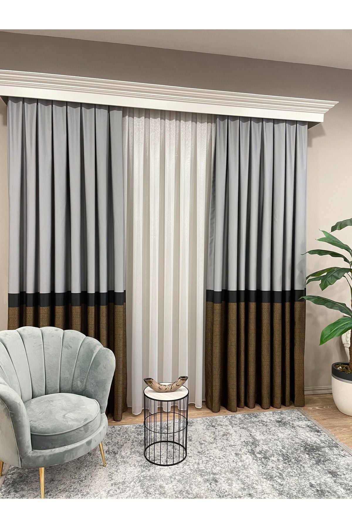 Panel Pattern Jacquard 1/3 Dense Pleat Blackout Curtain - Bottom: Mustard-Navy / Top: Gray