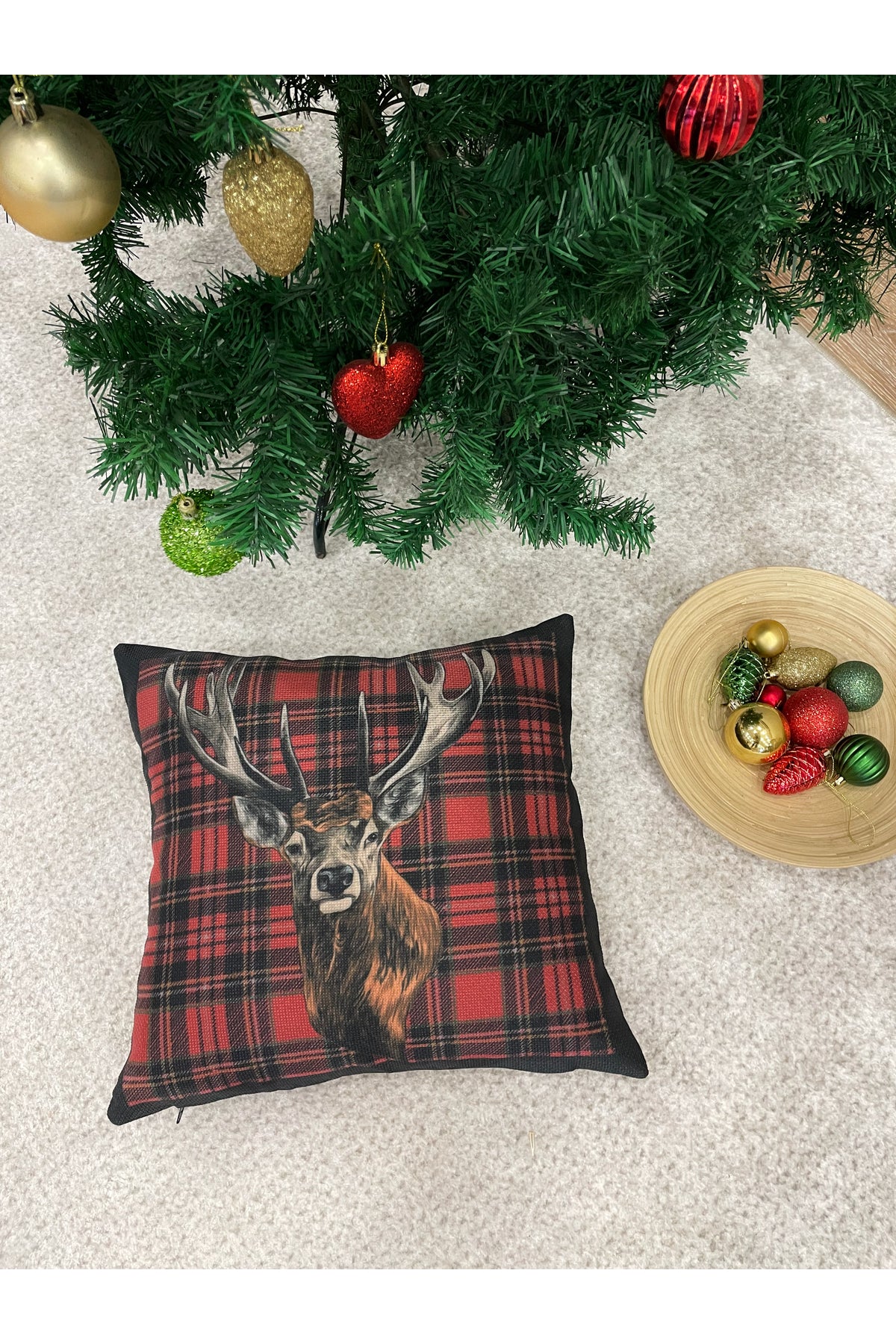 Christmas Reindeer Print Linen-Look Plaid Cushion Cover