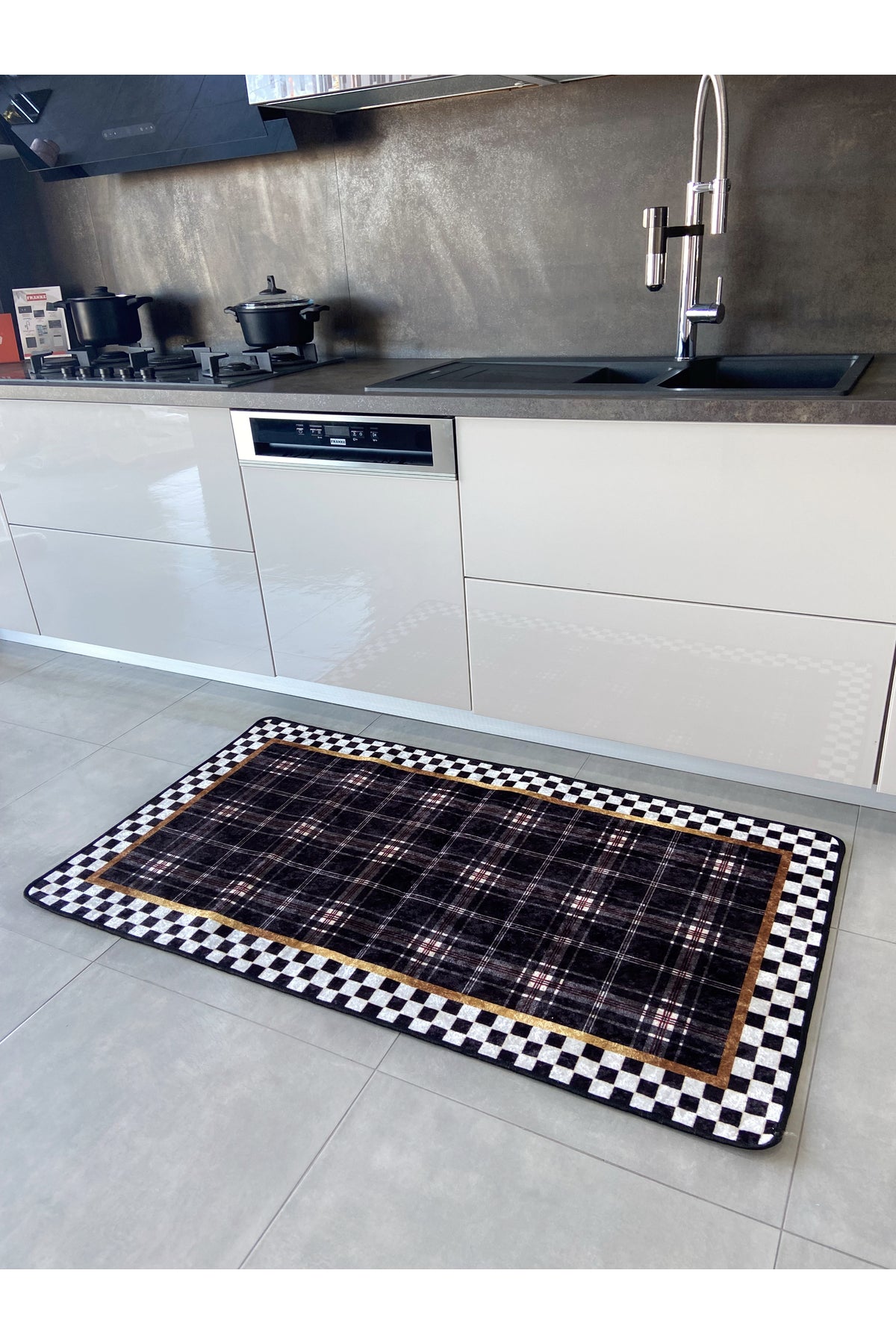 Checkered Plaid Patterned Latex Base Kitchen Rug