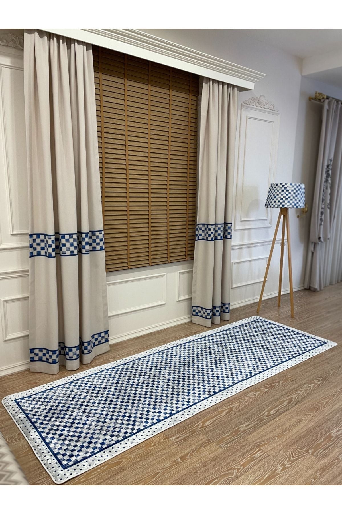 No-Pleat Extra-Reinforced Checkered Blackout Curtain - Beige-Blue