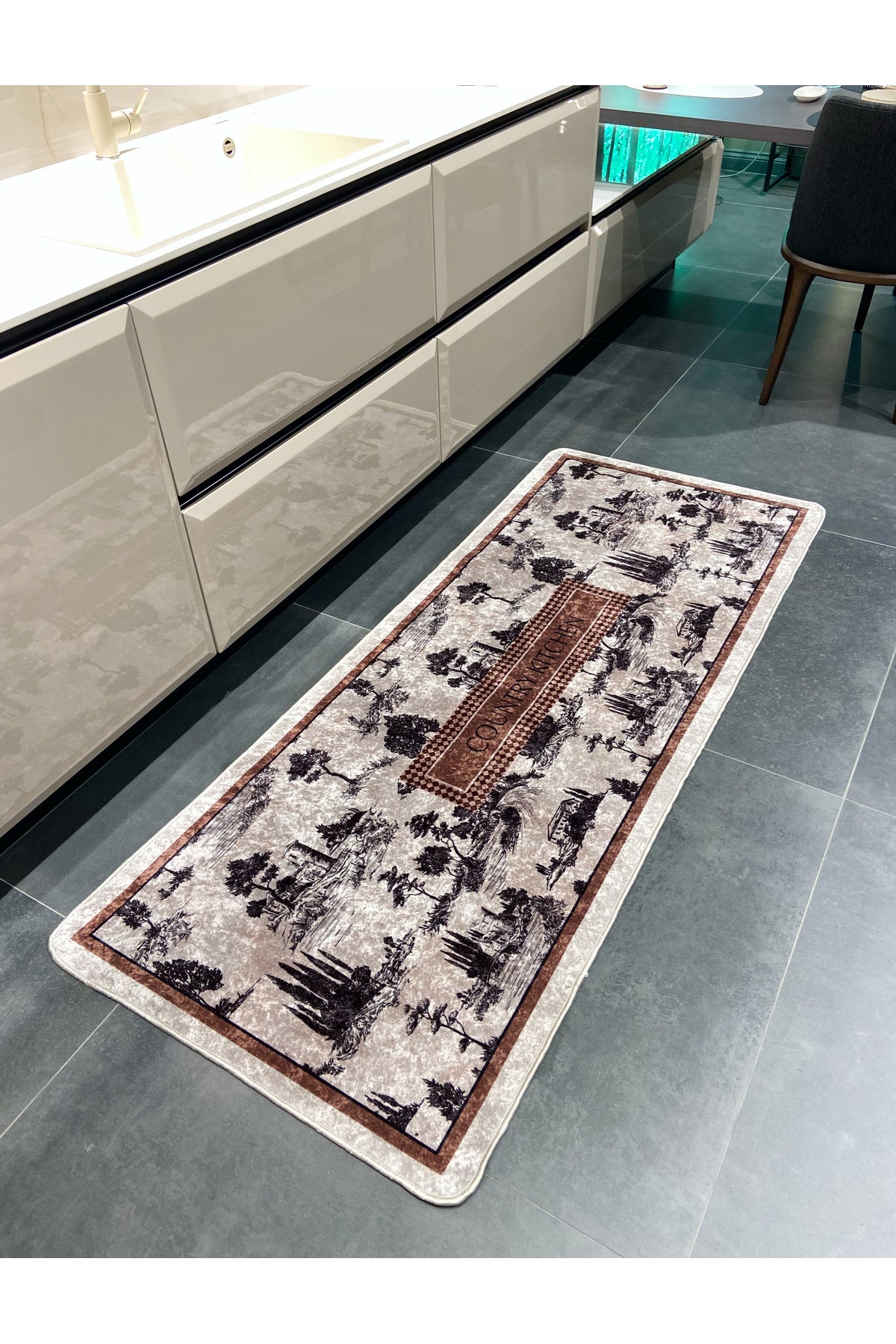 Country Patterned Latex Leather Base Kitchen Rug - Brown