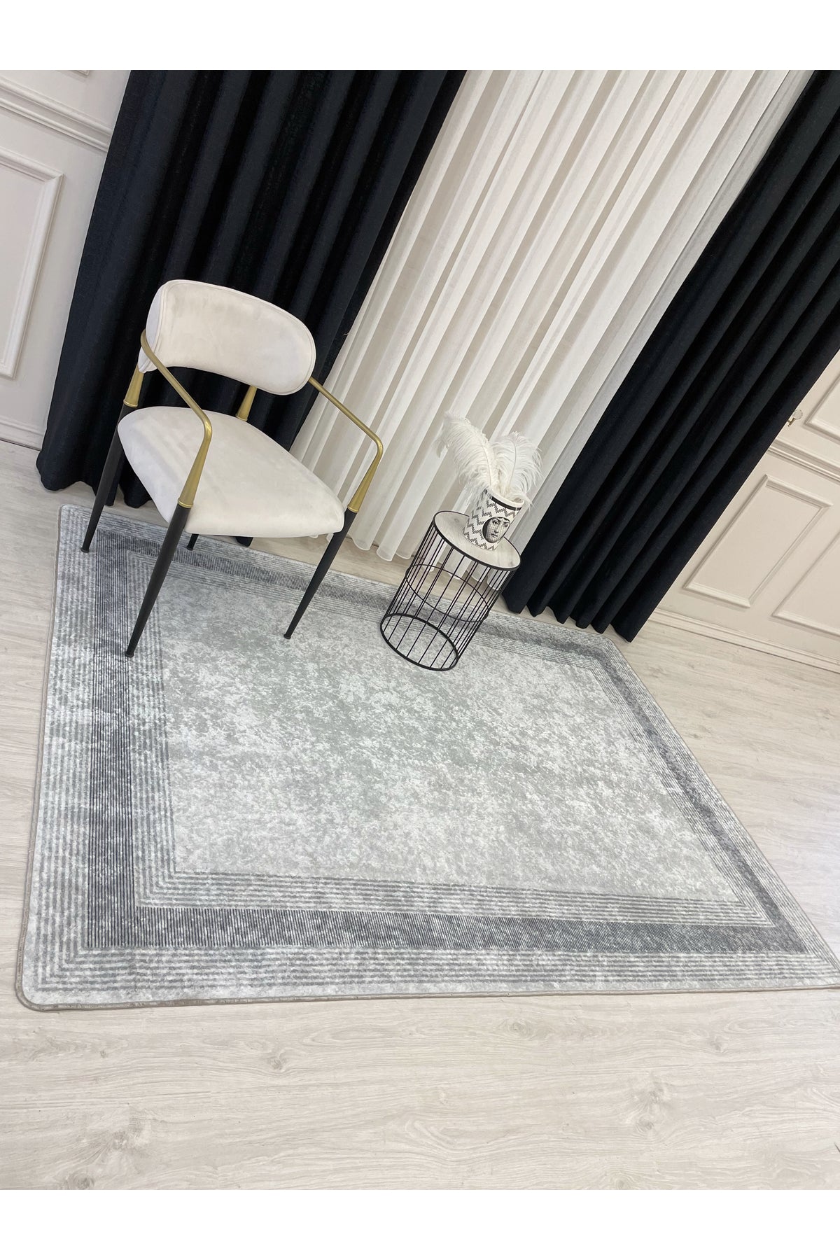 Light Gray Bordered Pattern Latex Leather-Backed Rug