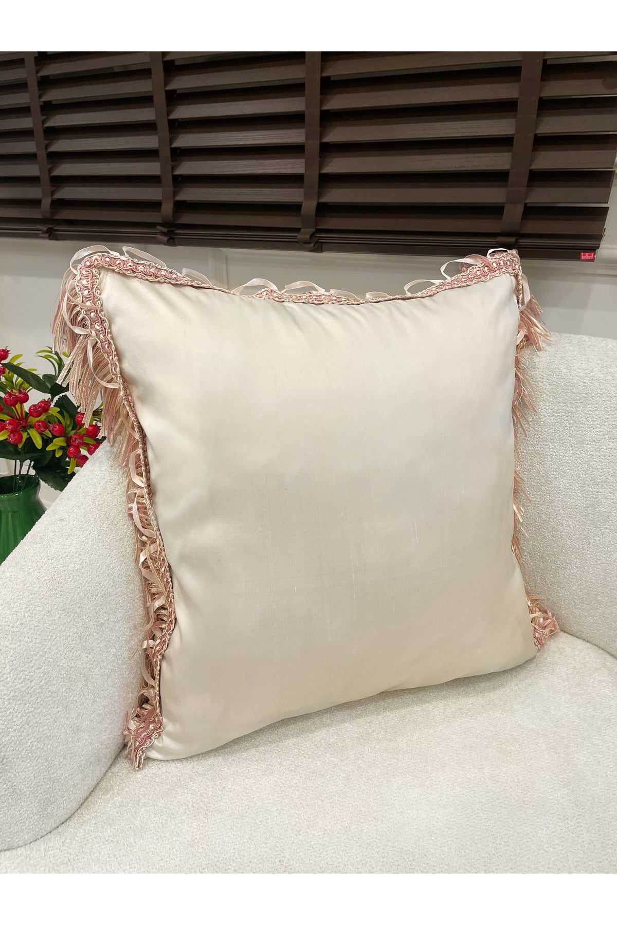 Ecru - Powder Pink Tassel Silk Taffeta Cushion Cover (45x45)