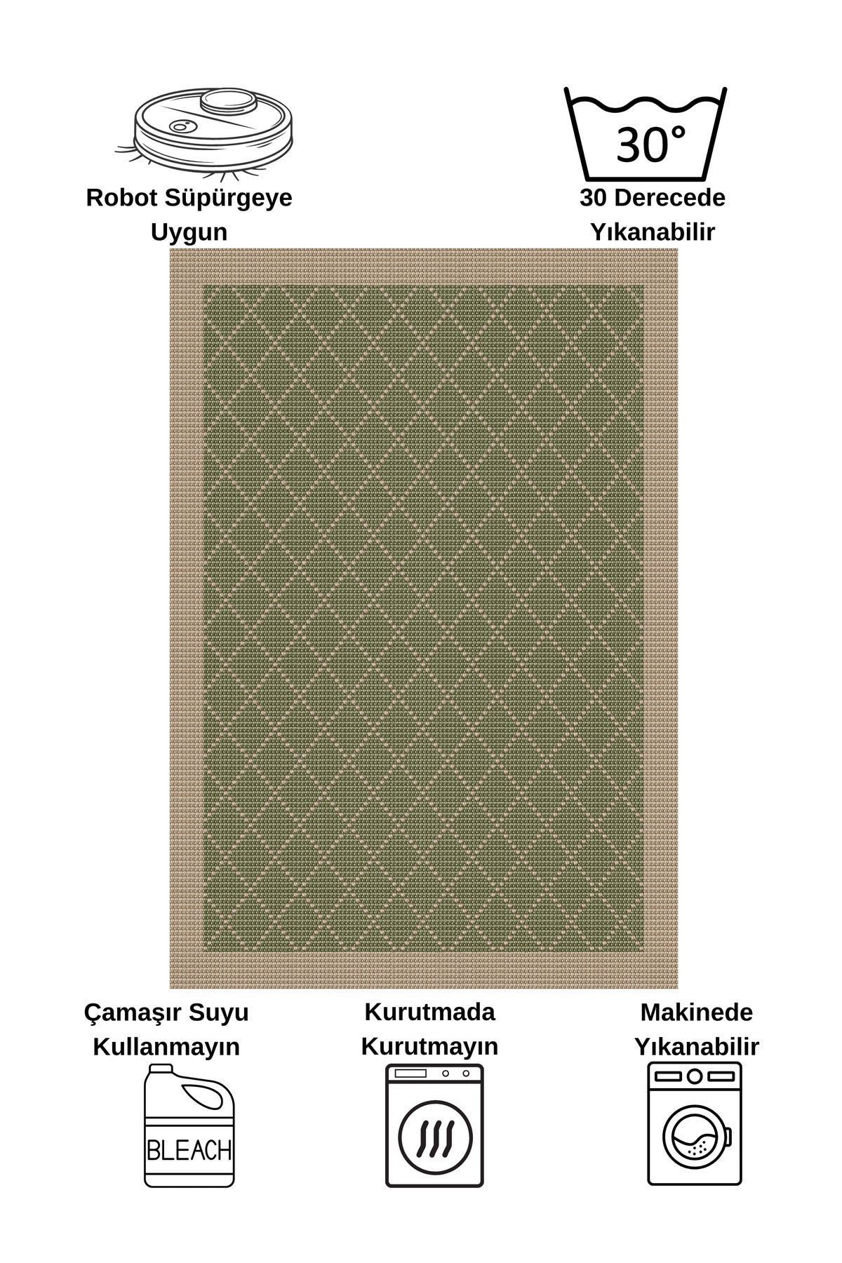 GREEN-BROWN Jute Sisal Look Bordered Non-Slip Base Runner Rug