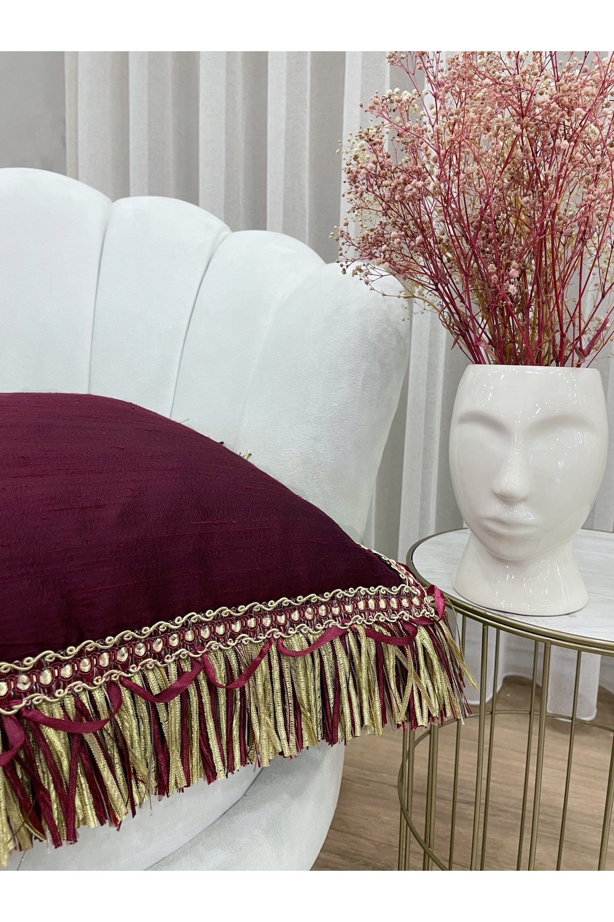 İthal Ipek (silk) Kırlent Yastık Kılıfı Kordonlu 45X45 BORDO