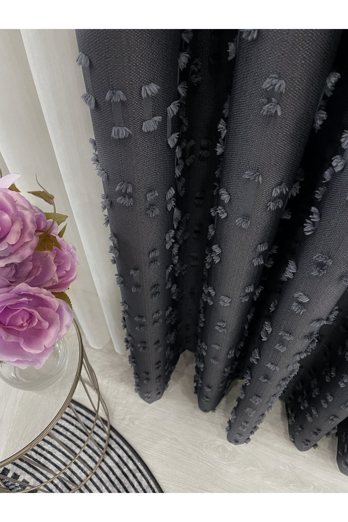 Indigo Blue Pompom Puffy Blackout Curtain 1/3 Dense Pleat