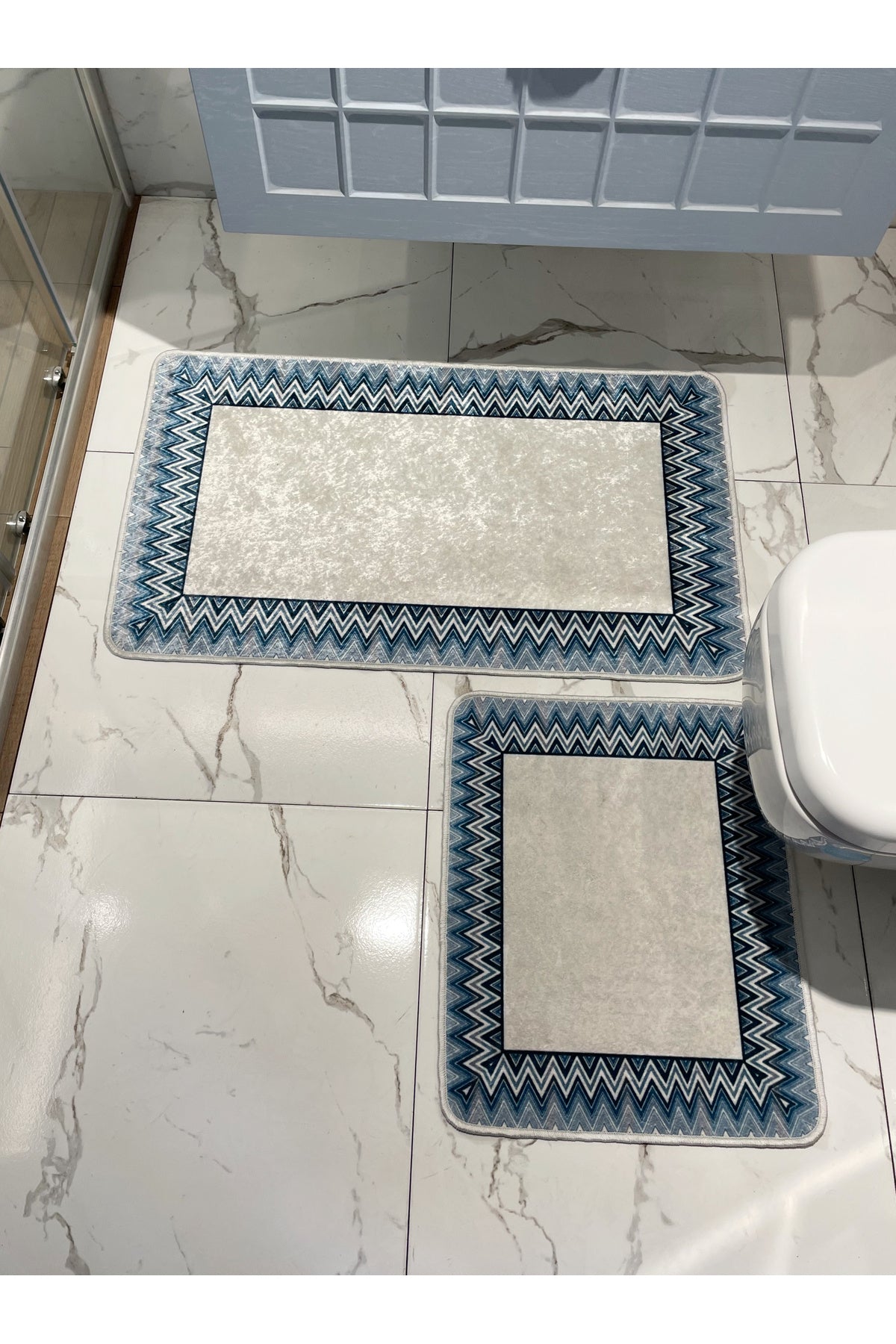 Mint Green - Zigzag Patterned Leather Base 2-Piece Bath Mat Set (60x100 - 60x50)