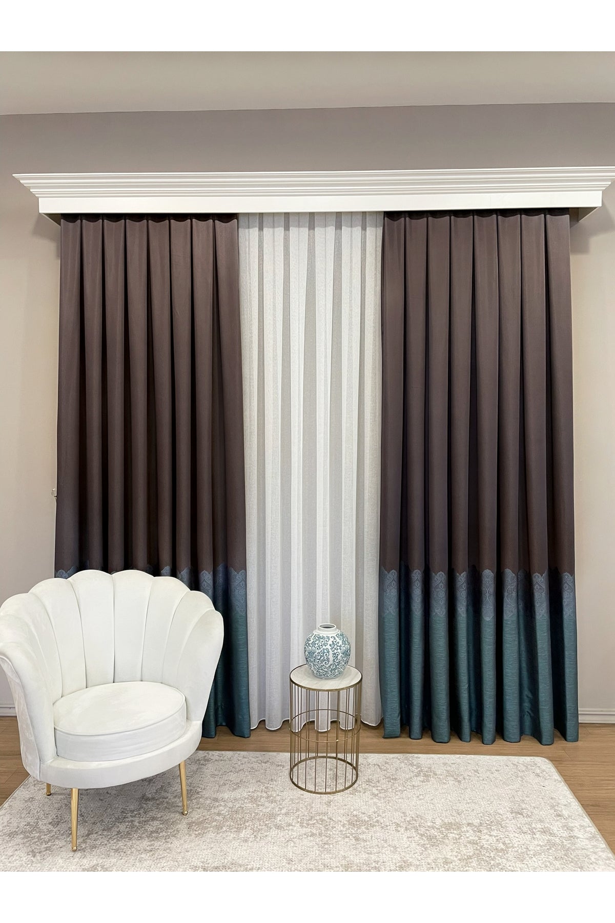 Brown Gold - Damask Patterned 1/3 Dense Pleated Blackout Curtain