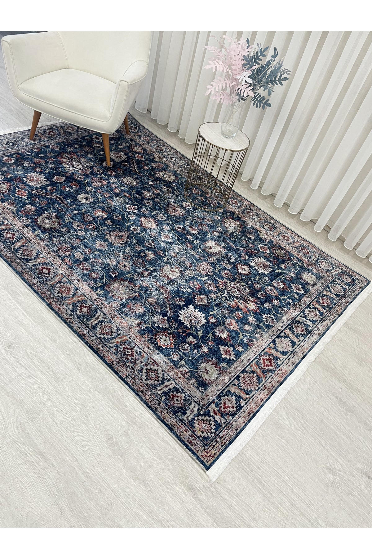Navy Blue Distressed Look Latex Non-Slip Base Rug