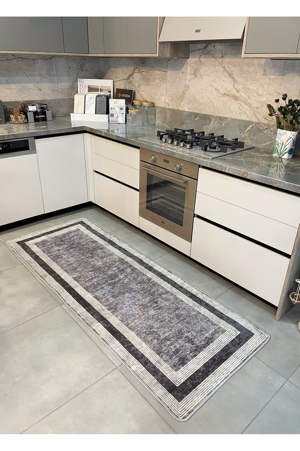 Light Gray Bordered Pattern Latex Leather-Backed Rug