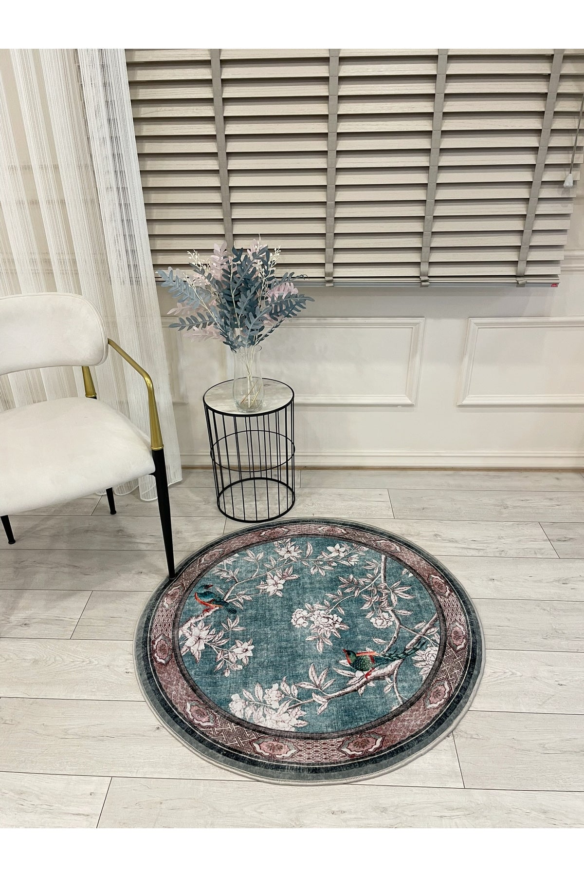 Soft Blue Bird Pattern Bordered Non-Slip Rug