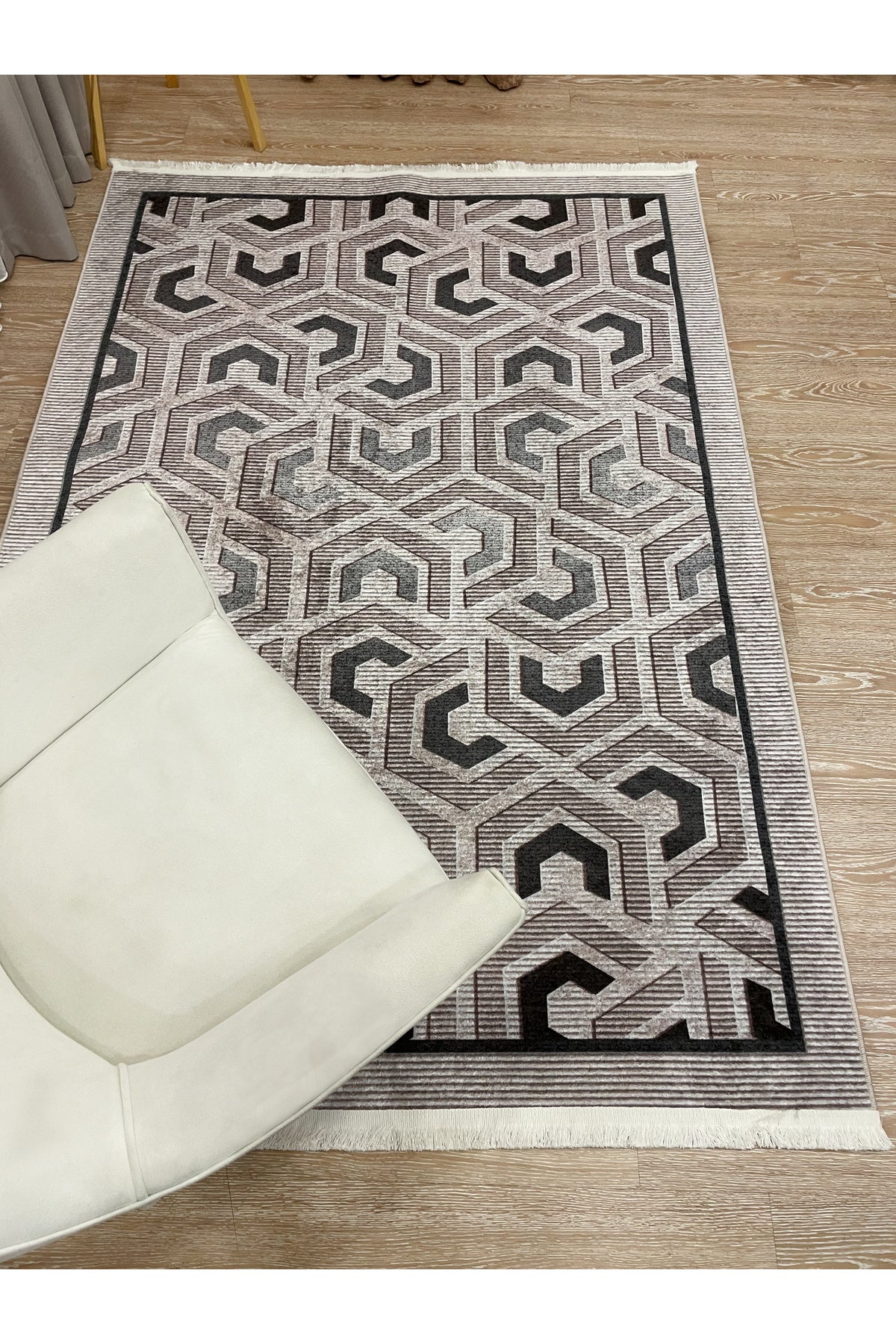 Brown Grey Embossed Look Latex Leather Base Rug