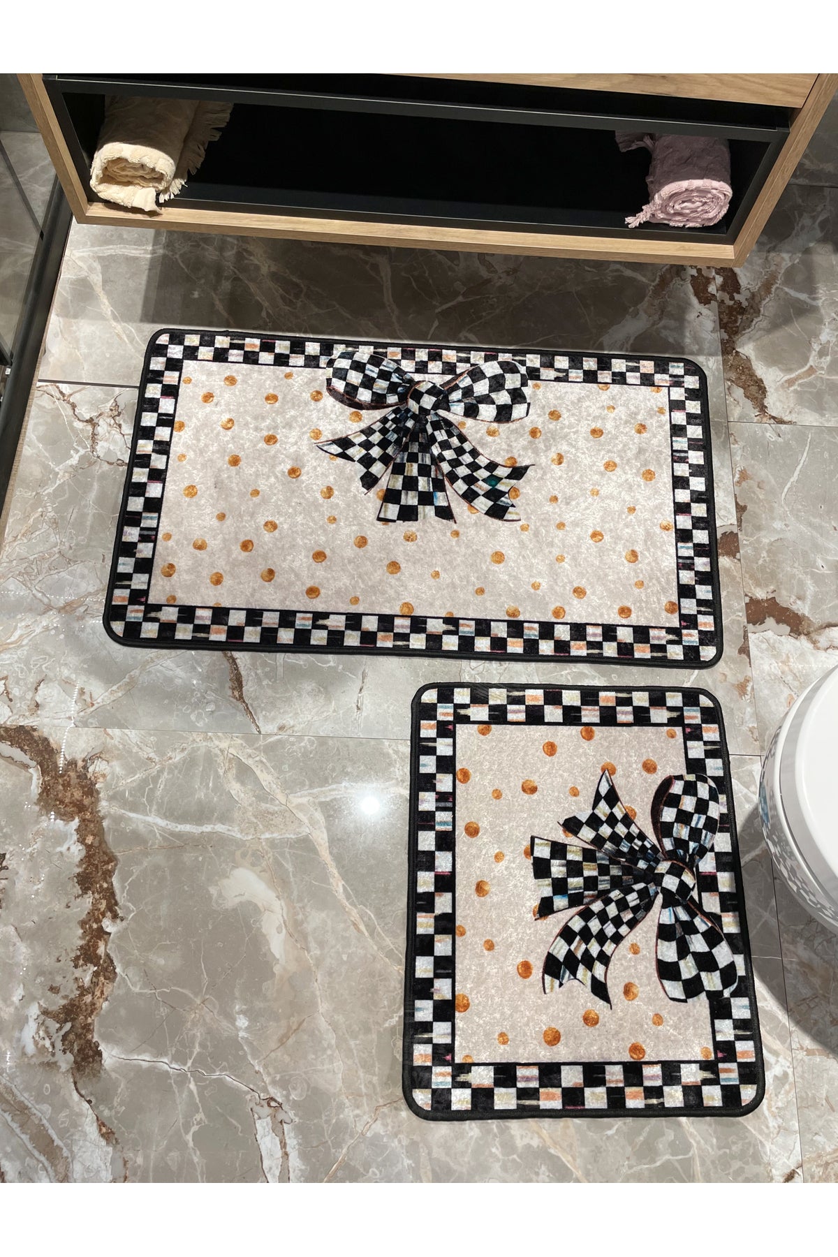 Damalı Kurdela Desenli Banyo Paspası 60X100 - 60X50 - BEJ-SİYAH