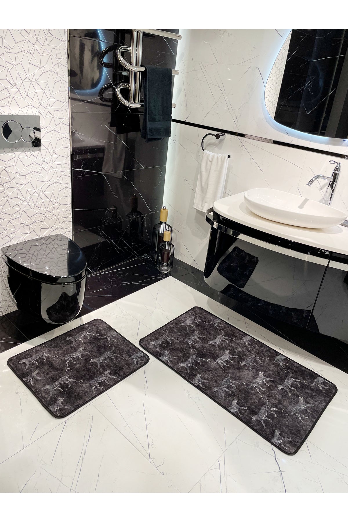 Set of 2 Latex Leather-Backed Bathroom Rug Set (60X100 - 60X50) Dark Gray