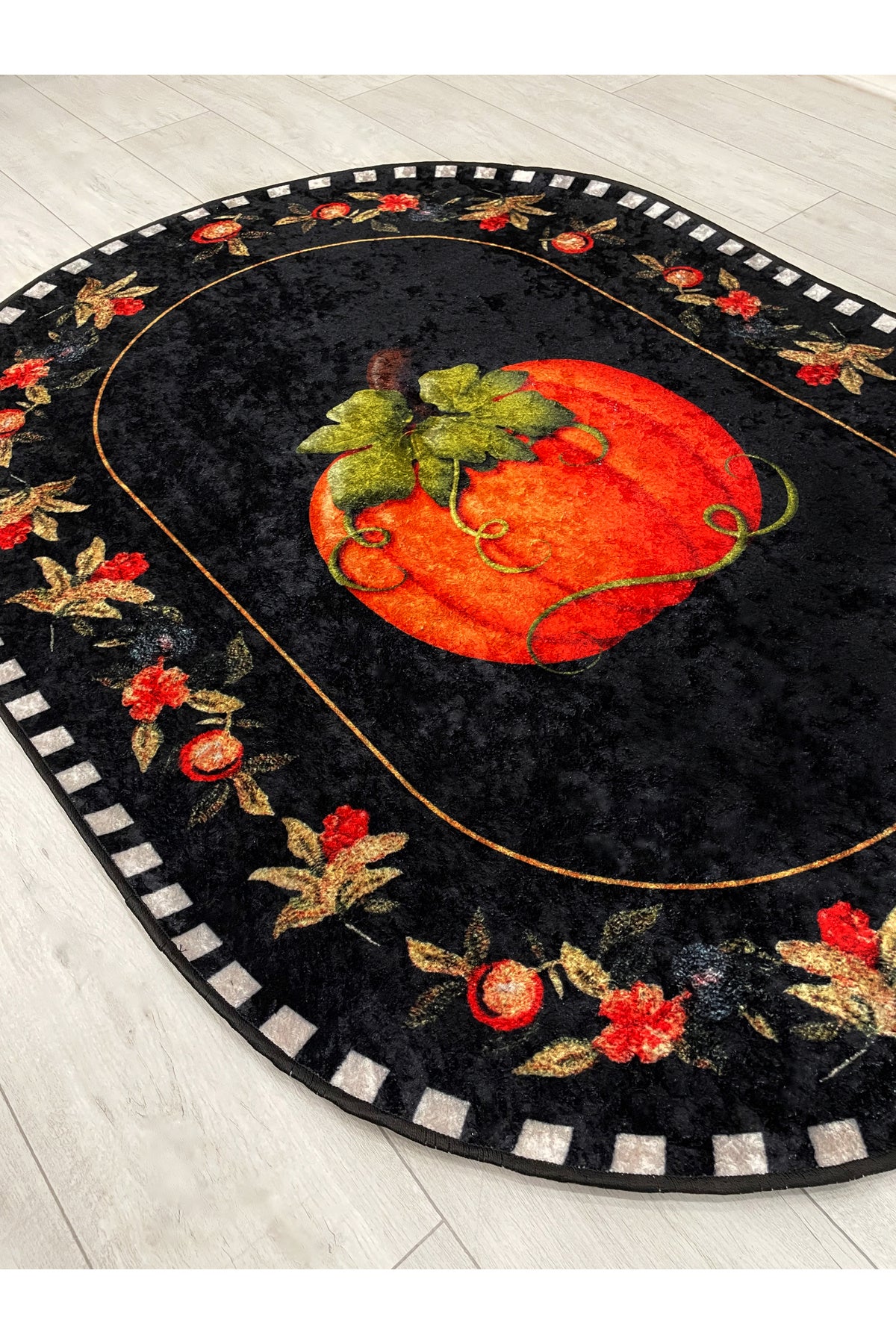 Pumpkin Pattern Bordered Oval Kitchen Rug