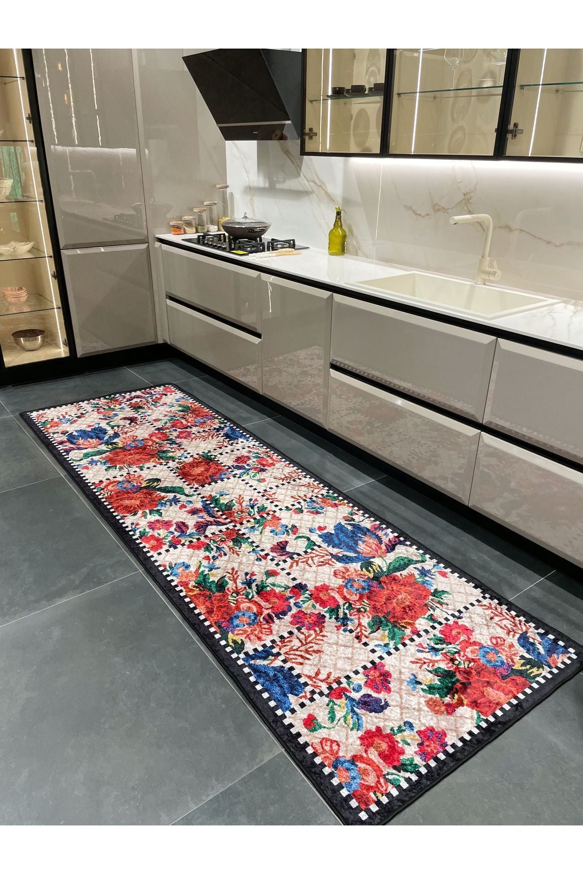 Beige Black Floral Checkered Kitchen Rug
