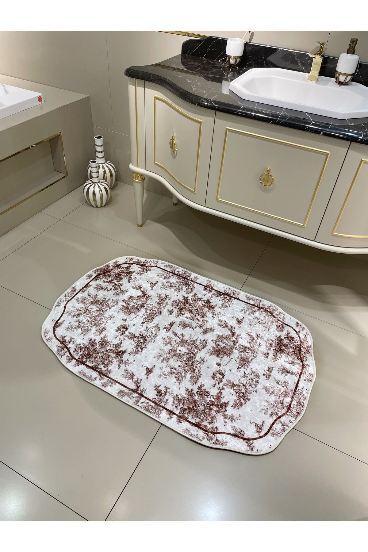 Toile de Jouy Themed Single Latex Base Bathroom Mat (80X120)