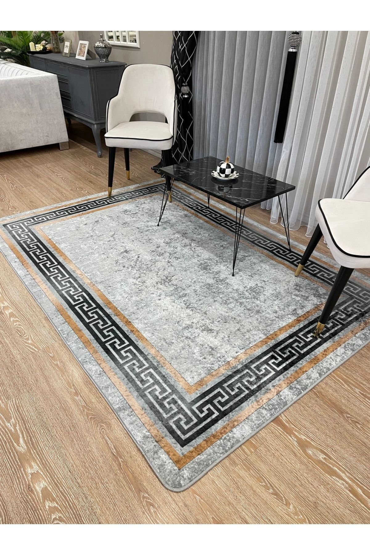 Classic Striped Pattern Latex Leather Base Fringeless Living Room Rug - Beige