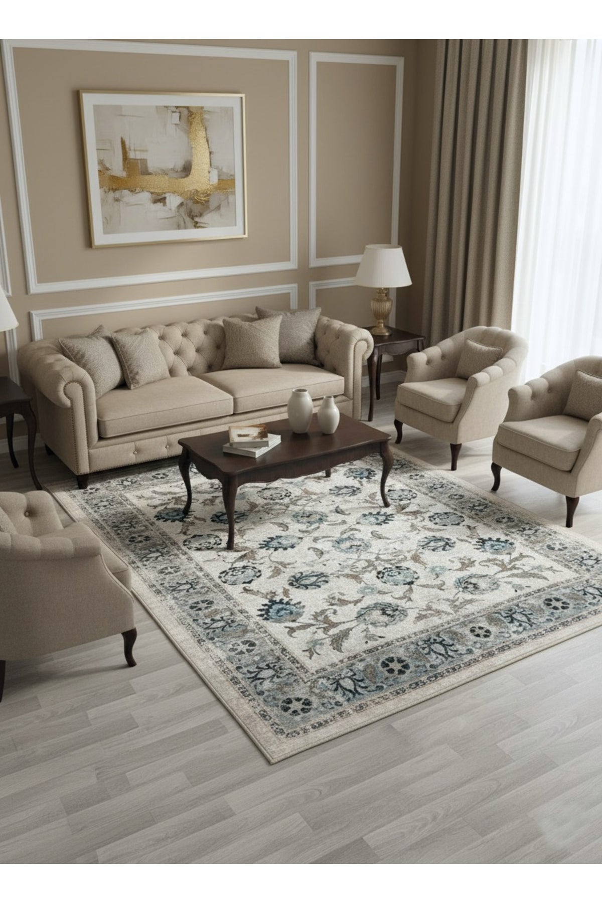 BEIGE-BLUE Traditional Distressed FRINGED Classic Non-Slip Base Rug