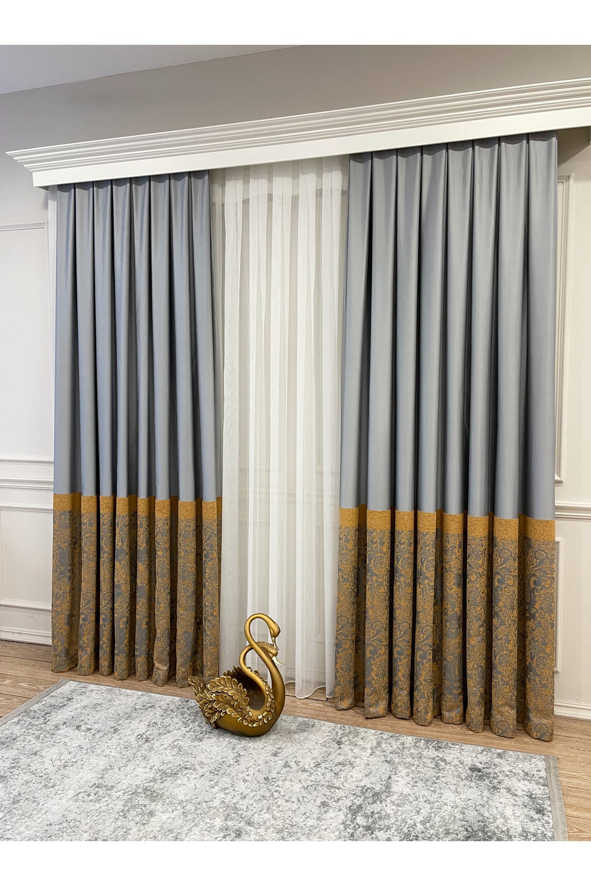 Gray Shawl Pattern 1/3 TIGHT PLEAT Jacquard Woven Blackout Curtain