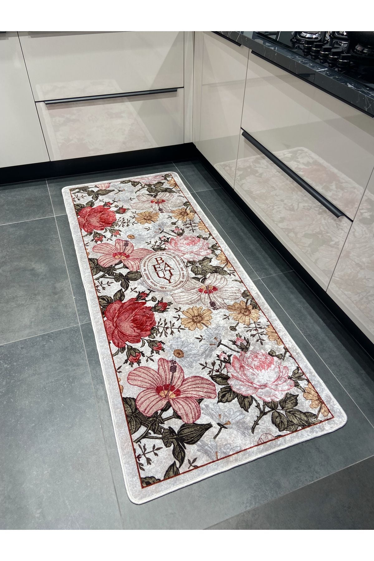 Çiçek Desenli Lateks Deri Taban Kitchen Mutfak Halısı GRİ