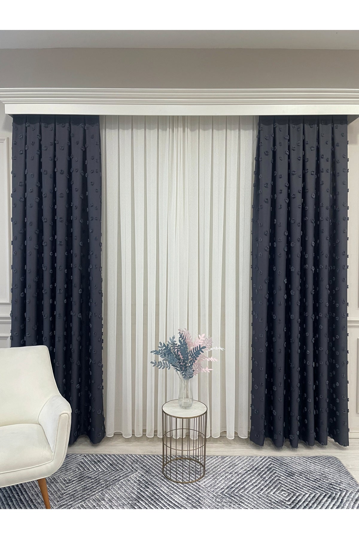 Blue Children's Room Pompom Puffy Blackout Curtain 1/3 Dense Pleating