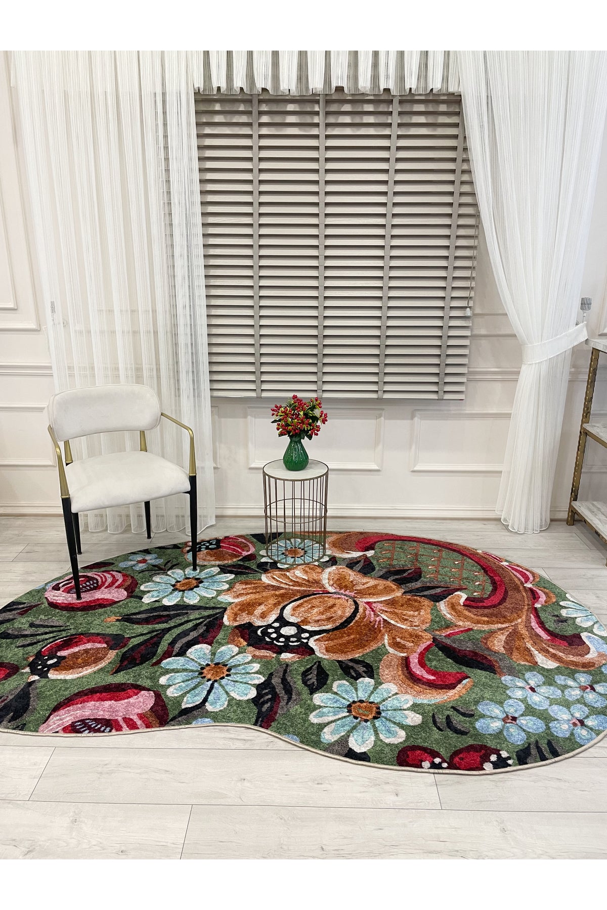 Green Floral Pattern Latex Base Rug