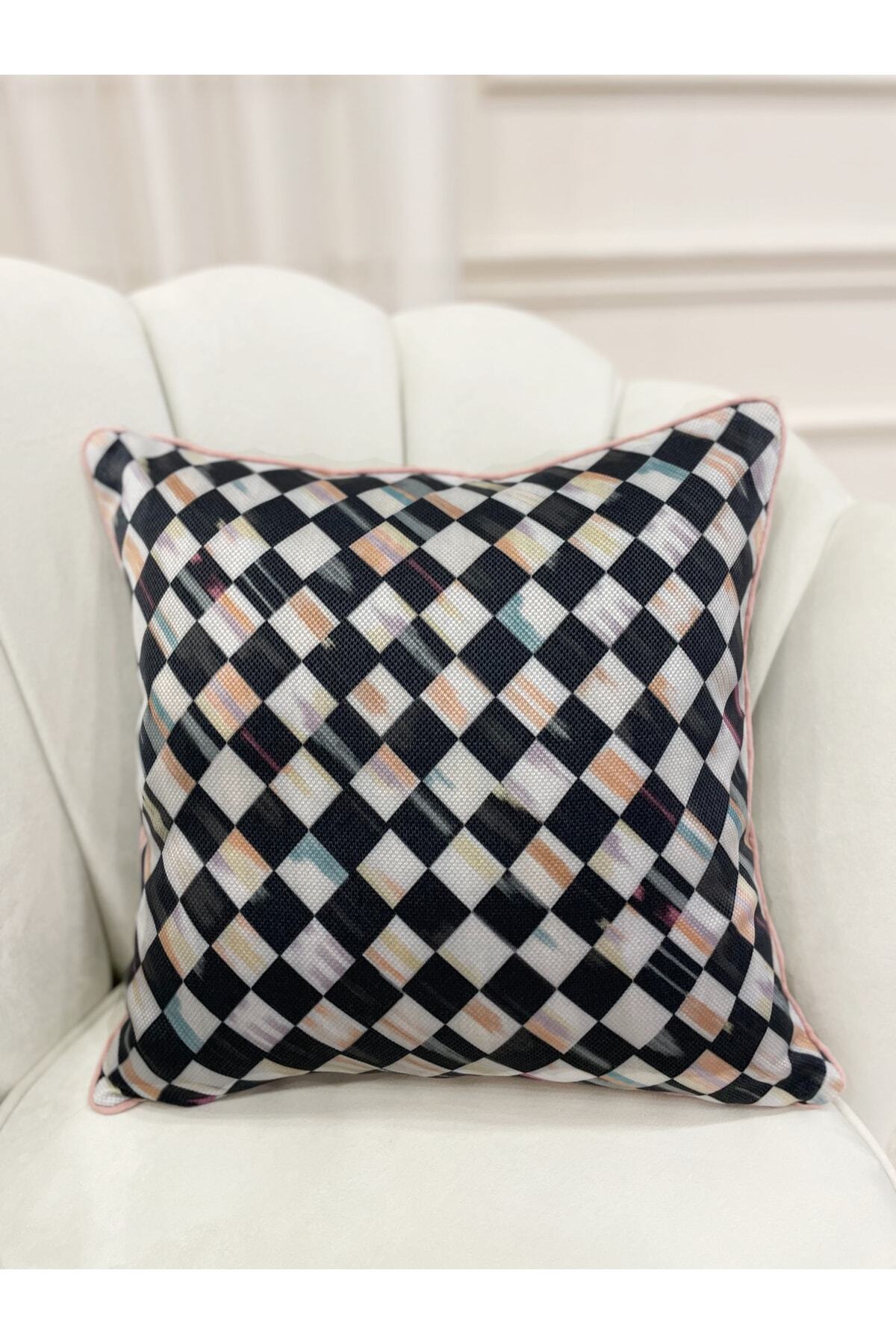 Checkered Linen-Look Piped Edge Cushion Cover (45x45)