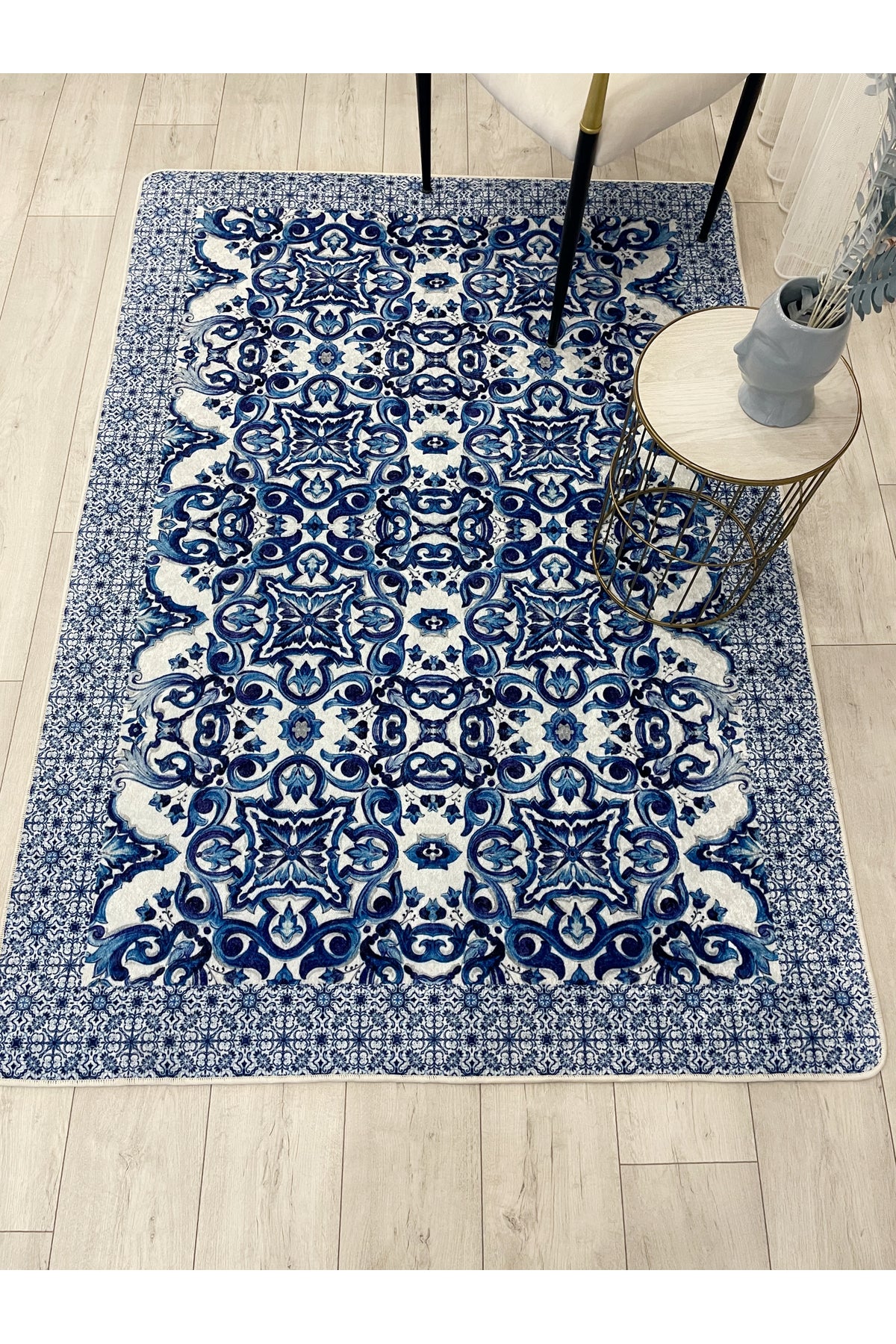 Navy Blue-Gray Blue Blanc Modern Latex Non-Slip Base Rug