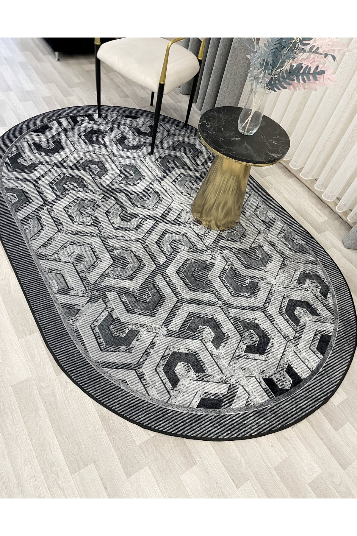 Gray Embossed-Look OVAL Latex Leather Base Rug