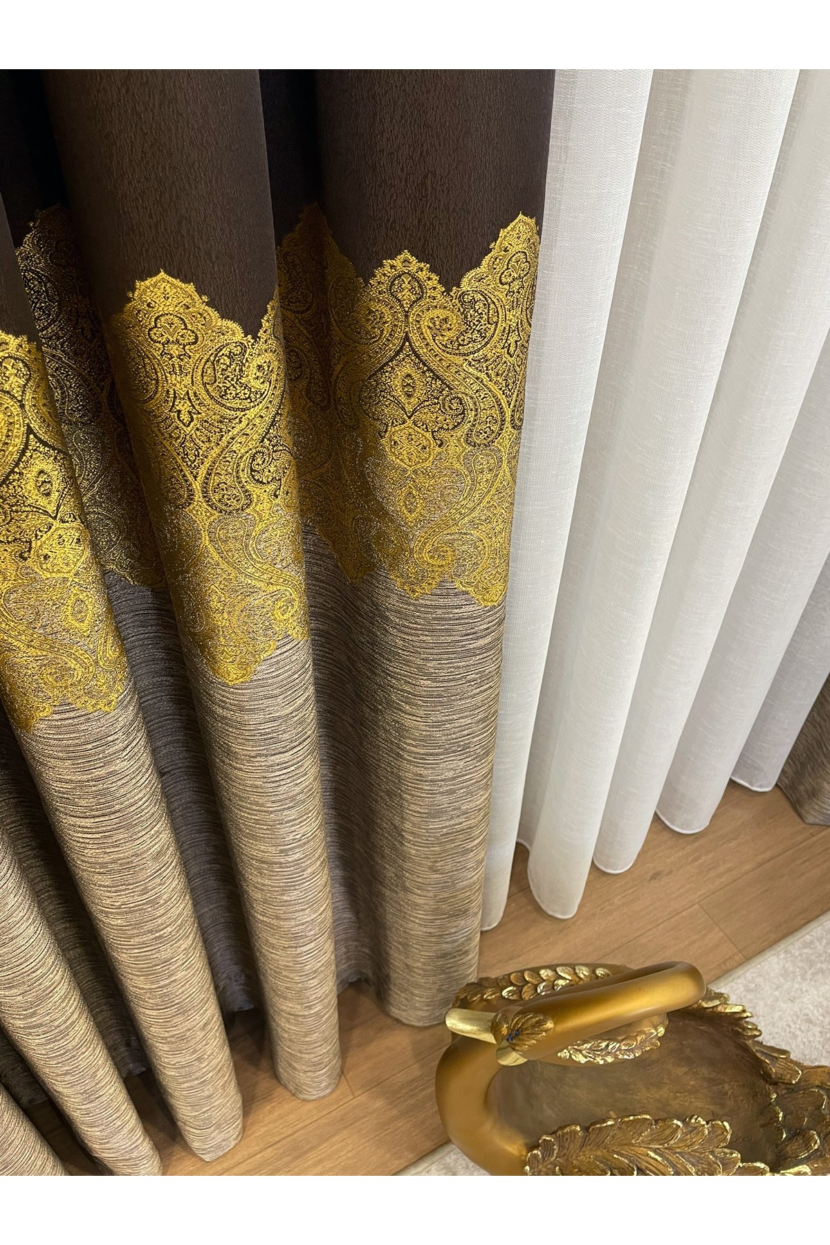 Brown Gold - Damask Patterned 1/3 Dense Pleated Blackout Curtain
