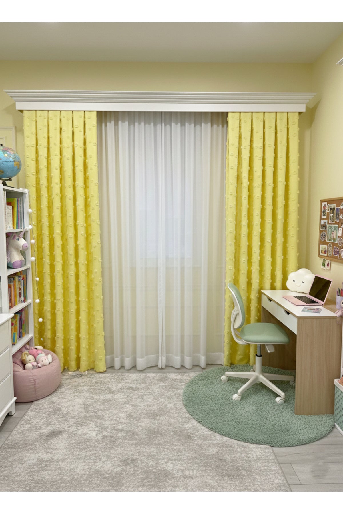 Blue Children's Room Pompom Puffy Blackout Curtain 1/3 Dense Pleating