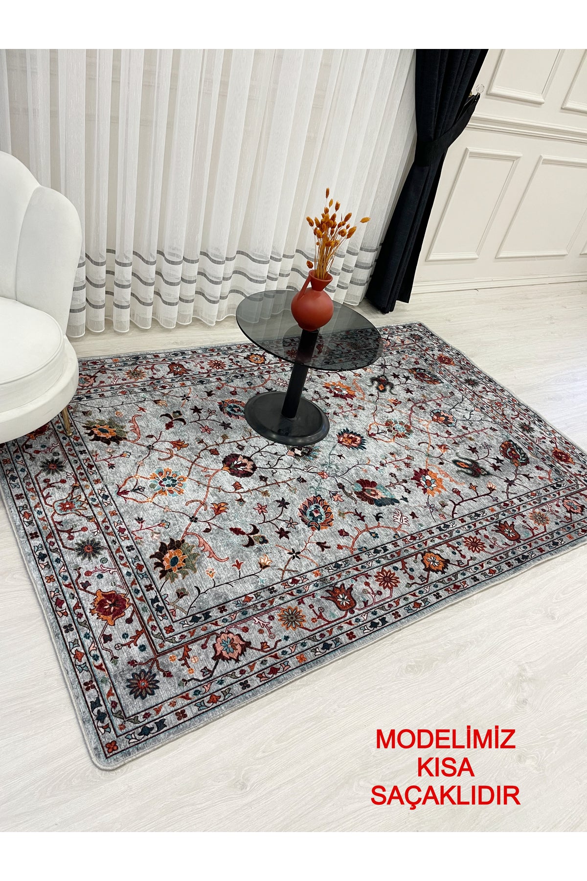Gray Vintage Floral Latex Non-Slip Base Rug