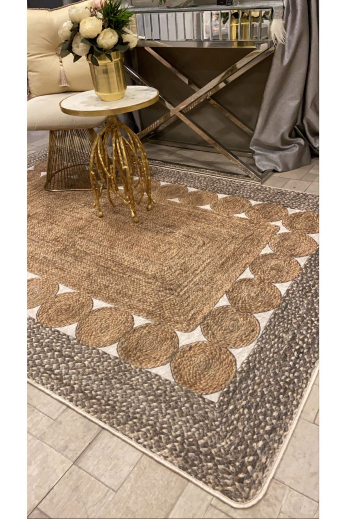 Jute Sisal Look 3D Colorful Latex Leather Base Waterproof Stain-Resistant Rug
